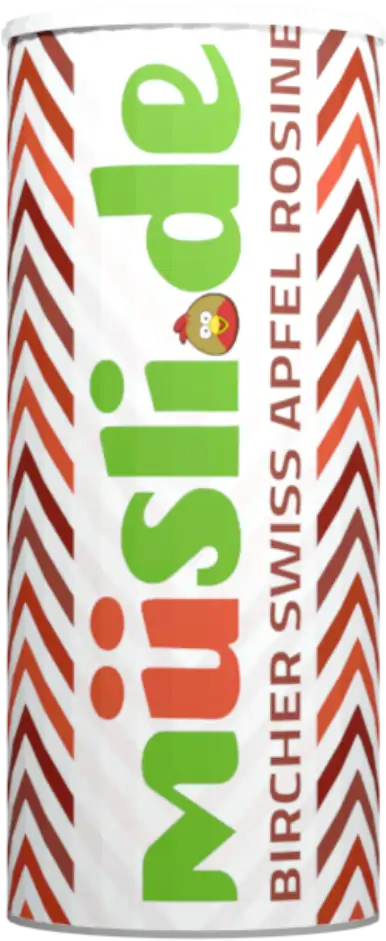 Bild der Verpackung (Dose) des Bio Müslis Bircher Swiss Apfel Rosine von müsli.de
