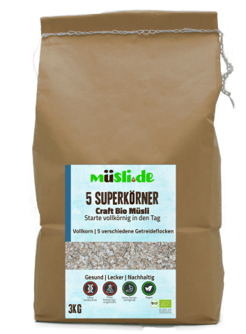 Bild der Verpackung (Dose) des Bio Müslis 5 Superkörner 3kg von müsli.de