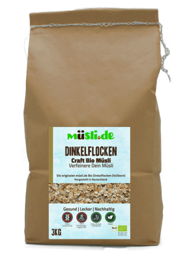 Bild der Verpackung (Dose) des Bio Müslis Bio Dinkelflocken 3kg von müsli.de