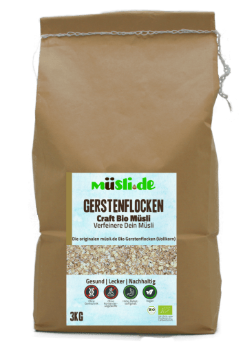 Bild der Verpackung (Dose) des Bio Müslis Bio Gerstenflocken 3kg von müsli.de