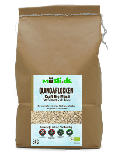 Bild der Verpackung (Dose) des Bio Müslis Bio Quinoaflocken 3kg von müsli.de