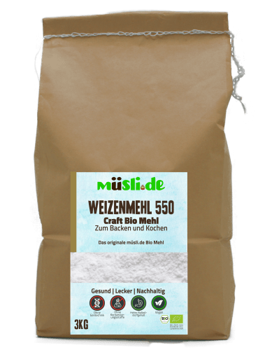 Bild der Verpackung (Dose) des Bio Müslis Bio Weizenmehl Type 550 von müsli.de