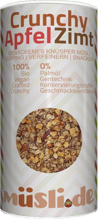 Bild der Verpackung (Dose) des Bio Müslis Bio Crunchy Apfel Zimt von müsli.de