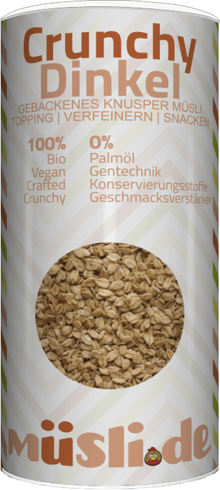 Bild der Verpackung (Dose) des Bio Müslis Bio Crunchy Dinkel von müsli.de
