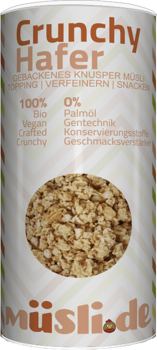 Bild der Verpackung (Dose) des Bio Müslis Bio Crunchy Hafer von müsli.de