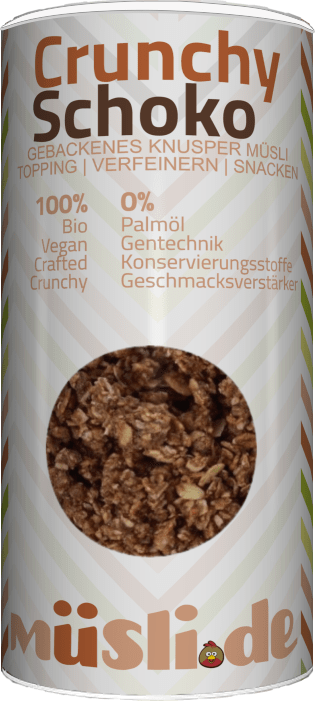 Bild der Verpackung (Dose) des Bio Müslis Bio Crunchy Schoko von müsli.de