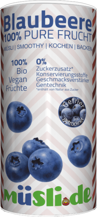 Bild der Verpackung (Dose) des Bio Müslis Bio Gefriergetrocknete Blaubeeren von müsli.de