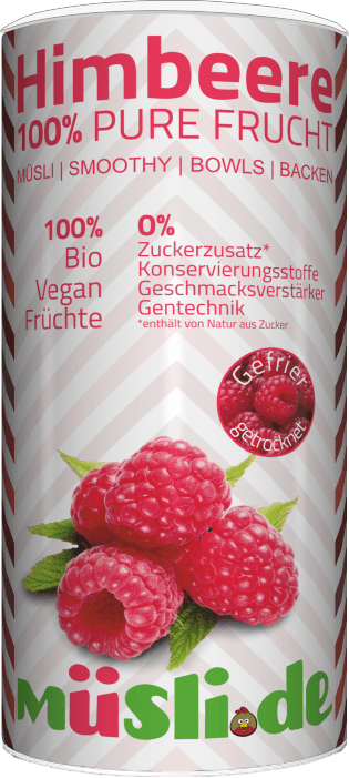 Bild der Verpackung (Dose) des Bio Müslis Bio Gefriergetrocknete Himbeeren von müsli.de