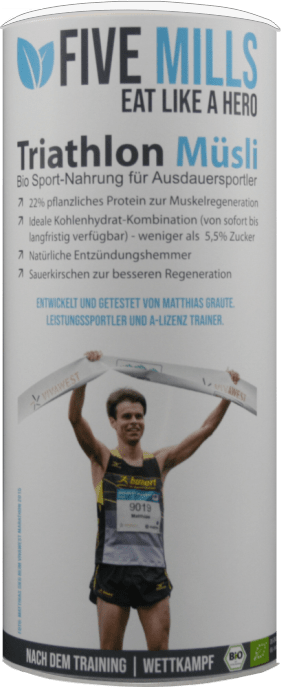 Bild der Verpackung (Dose) des Bio Müslis Five Mills Triathlon | Nach dem Training von müsli.de