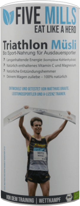 Bild der Verpackung (Dose) des Bio Müslis Five Mills Triathlon | Vor dem Training von müsli.de